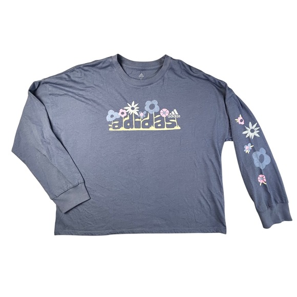 Adidas XL Long Sleeve T-Shirt Blue Floral Graphic Loose Fit Women's Top - Picture 1 of 5